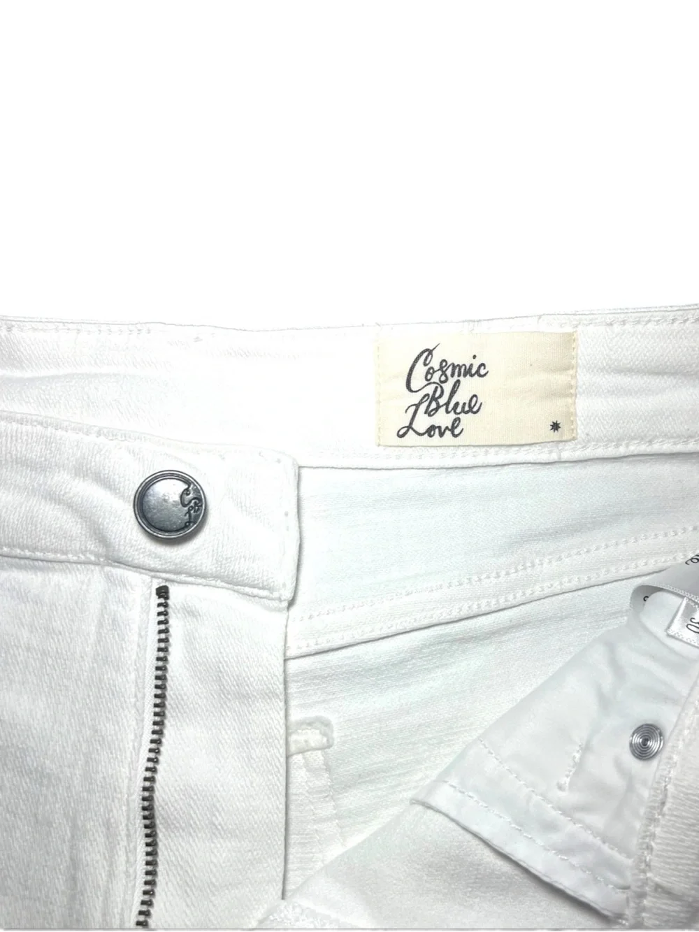 Cosmic Blue Love 3” White Denim Cutoff Shorts Frayed Raw Hem Slit | Women’s 10